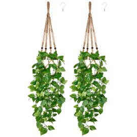 Mkono 2 Packs Fake Hanging Plant with Pot, Artificial Plants for Home Decor Indoor Macrame Plant Hanger with Faux Vine Hanging Planter Greenery for Bedroom Bathroom Office Decor, Brown (Pothos)