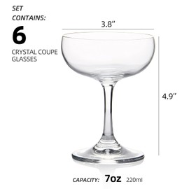 FAWLES Crystal Coupe Glasses, Set of 6, 7 Ounce(220ml), Elegant Short Stem Design, Clear Cocktail Glasses Sets Perfect for Drinking Champagne, Sweet Wine, etc.