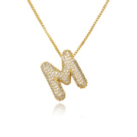 TZPI 18K Bubble Letter Necklace Gold for Women, Initial Necklaces Rhinestone Chunky Bubble Letter Necklace as Birthday Gifts Charm Puff Name Pendant Alphabet Necklaces Non Tarnish Gold Plated Jewelry