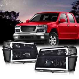 PIT66 LED DRL Headlight Assembly w/Bumper Lights, Compatible with 2004-2012 Chevy Colorado & GMC Canyon/Fit 2006 Isuzu i-280 i-350/07-08 Isuzu i-290 i-370 Smoke Lens Black Housing Clear Reflector