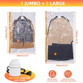 AGPTEK 6-Pack Hanging Vacuum Storage Bags for Clothes, Suits, Dresses & Jackets (3 Jumbo,3 Large) with Electric Pump - Space Saver Closet Organizer, Travel & Moving Supplies, Heavy Duty PA+PE