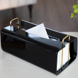 Acrylic Tissue Box Holder Rectangle​ with Curved Design - Decorative Modern Glossy Black Tissue Box Cover with Gold Metal Accents for Bathroom/Living Room/Office Décor