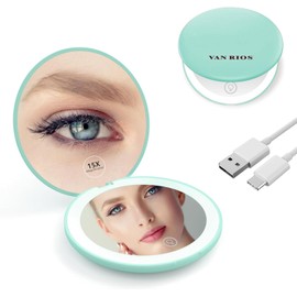 VANRIOS Rechargeable 15X Magnifying Pocket Mirror for Travel Makeup Compact 3.5 inch Round Folding Mirror with LED Light, Ideal Gift for Girls and Students(Cyan)