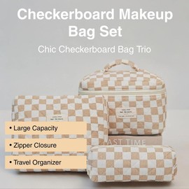 Checkerboard Pattern Makeup Bag Set, 3 Counts/set Large Capacity Travel Cosmetic Storage Bag, Zipper Makeup Organizer Pouch, Versatile Storage Bag for Travel, Gym, Office, Home, Makeup