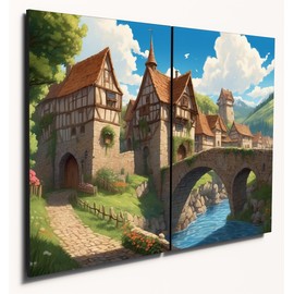 The Plum Penguin Enchanted Castle & Village A4 Wooden Wall Art Set – Medieval Scene Printed on MDF Canvas Alternative 40 x 30cm