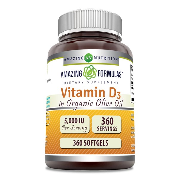 Amazing Formulas  Vitamin D3 with Organic Olive Oil  5000 IU 360 Softgels Supplement | Non-GMO | Gluten Free | Made in USA