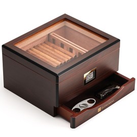 GLENCREAG MMT-3041 Cigar Humidor Box for 25 to 55 Counts, See-through Design with Spanish Cedar Lining & Divider, Digital Hygrometer, Accessory Drawer & Humidifier, Gift for Cigar Aficionado