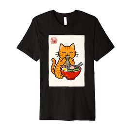 Funny Japanese Kawaii Anime Men Kids Women Cat Eats Ramen Premium T-Shirt