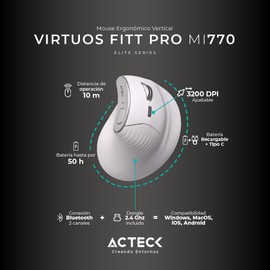 Acteck Mouse Ergonomico VIRTUOS Fitt Pro MI770 1600dpi Inalambrico 8 Botones Blanco AC-936217