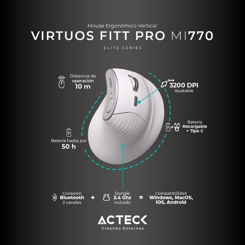 Acteck Mouse Ergonomico VIRTUOS Fitt Pro MI770 1600dpi Inalambrico 8