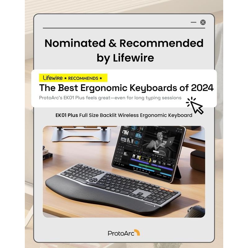 ProtoArc Backlit Bluetooth Ergonomic Keyboard, EK01 Plus Full Size Wireless