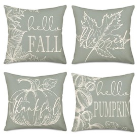 Easternproject Autumn Decor Pumpkin Pillow Covers Set of 4 Maple Leaves Pumpkins Fall Decorations for Home Throw Pillow Cases Blessed Thankful Harvest 18x18 Inch Cushion Cover Cotton Linen, Cyan
