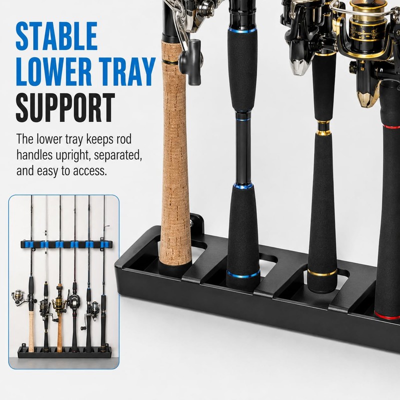 Fishing Rod Holder Wall Mount Rack Organizer, Holds 6 Rods