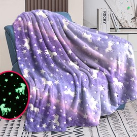 Unicorn Blanket Cuddly Blanket - 120 x 150 cm Blanket Glows in the Dark, Warm and Fluffy Children's Blankets for 1-10 Years Girls and Boys - Blanket for Gift (Purple, 120 x 150 cm)