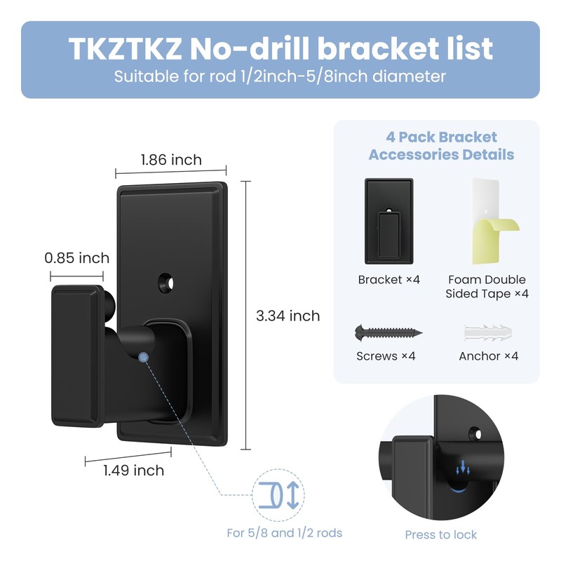 TKZTKZ No Drill Curtain Rod Brackets:Self Adhesive Curtain Rod Holders
