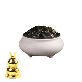 Round Incense Burner with Ceramic Lid, Fire Retardant Cotton and Meditation, Purifying, Incense Buddhist Tools, Aroma, Cone, Stick Incense, Teahouse, Office, Sleeping, Study and Coffee House(White)