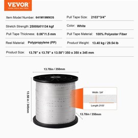 VEVOR Polyester Pull Tape, 1/2" x 5249' Mule Tape Flat Rope, 1250 lbf Tensile Capacity, Printed Webbing Cable Pulling Tape for Packaging, Gardening, Commercial Electrical, Conduit Work, White:_3/4" x 2103'- 2500 lbf 