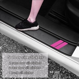 YOSRTER 5PCS Door Sill Guard Decoration Stickers for Dodge Charger Challenger Durango Journey Universal Fit to All Dodge Cars Fiber Leather Door Sill Protector（Pink Trim）