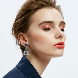 Women's Boho Vintage Ethnic Indian Earrings Gold Small Bell Tassel Flower Carved Drop Dangle Earrings Gypsy Jewelry (Metal Bell Tassel Flower Carved Drop Dangle Earrings-Silver)