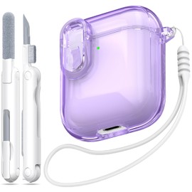 MHYALUDO Compatible with Airpods Case with Secure Closure, Compatible with Airpods 1/2 Generation (2016/2019), Clear Soft Shockproof Case with Cleaning Pen with Lanyard, Purple
