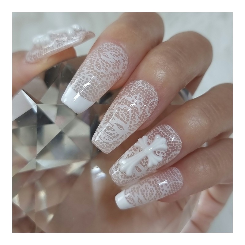 White Lace Handmade Nail Tips - Stiletto / 화이트 레이스