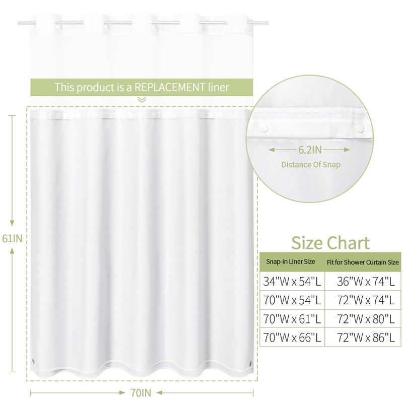 Litabel White Fabric Snap-in Shower Curtain Liner Replacement, 70W x
