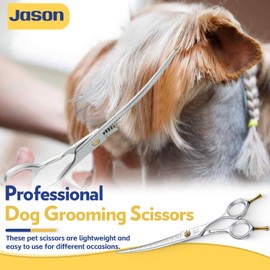JASON 7" Dog Grooming Scissors - Up-curved Thinning Shears with 25%-30% Thinning Rate, Japanese 440C Stainless Steel Dog Blenders for Grooming with Adjustable Screw (32 Teeth, Silver)