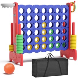XJD Giant 4-in-A-Row Jumbo Connect Game, 4-to-Score Game Toy Set with 42 Jumbo Rings Basketball Hoop, Ring Toss for Kids & Adults with Bag (Red Blue)