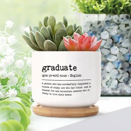 DecStic Graduate Definition Planter Ceramic Bible Verse Round Plant Pot with Drainage Holes and Bamboo Tray Pot for Home Office Decoration