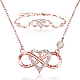BlingGem Jewellery Set for Women 925 Sterling Silver Gold-Plated Infinity Heart Rose Pendant Necklaces Bracelet Set Birthday Anniversary Gift for Women, Metal, Cubic Zirconia