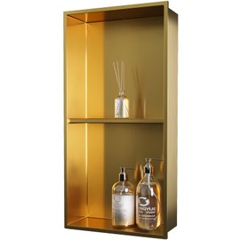 OLNGYUE Shower Niche No Tile Needed: Stainless Steel Double Layer - 12"x24" Recessed Wall Niches shelves for Bathroom kitchen Toilet Storage - Brushed Gold