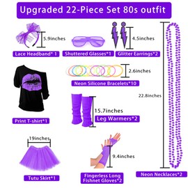 RonFoxi 80's Accessories for Women, 80s Outfits PartyT-Shirt Fishnet Gloves Neon Clothes Set for Themed Party(Purple-M)