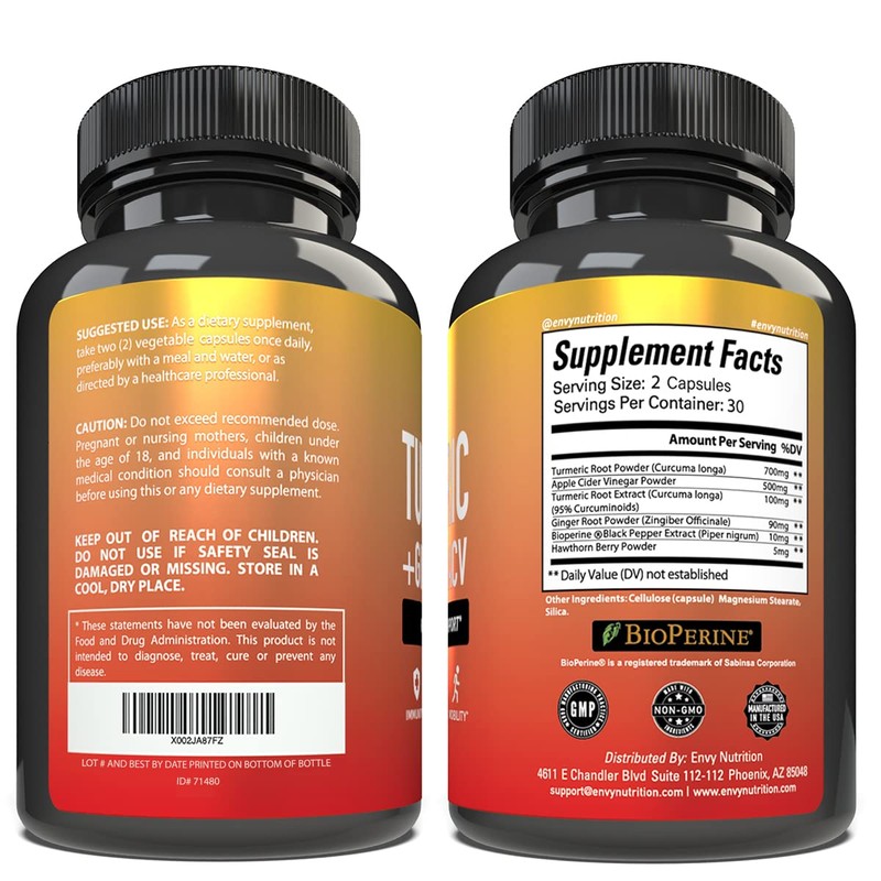 Envy Nutrition Turmeric & Ginger Supplement Capsules with Apple Cider