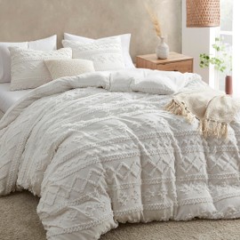 Oli Anderson White King Comforter Set Tufted Bedding Sets King 3 Pieces, Boho Shabby Chic Comforter with 2 Pillowcases (White,King)