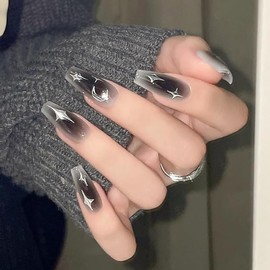 Star Press on Nails Medium Coffin Shaped Fake Nails Black Gradient Glue on Nails with Silver Grey Black Moon Design False Nails Ballerina Cute Stick on Nails Glossy Acrylic Nails for Women Girls 24pcs