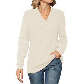 Ivicoer Sweater for Women Dressy Pullover Shawl Collar V Neck Knit Ladies Long Sleeve Polo Casual Tops Fall Winter Trendy Beige
