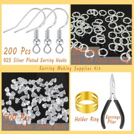XIANNVXI Hypoallergenic 925 Silver Plated Earring Hooks for Jewellery Making,602 Pcs Earring Kits Earring Making Supplies,Jump Rings,Earring Findings,Rubber Earring Backs,Tools for DIY