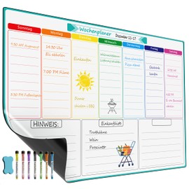 KTRIO KTRIO A3 Magnetischer Wochenplaner für Haushaltsplan, Einkaufsliste, Essens- und Fitnessplanung. Nass & trocken abwischbares Whiteboard mit 7 Markern und Schwamm zum Aufhängen