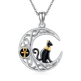 ONEFINITY Egyptian Necklace 925 Sterling Silver Necklace with Egyptian Cat Pendant Bastet Cat with Ankh Eye of Horus Egyptian Jewelry Black Cat Gifts for Women, Sterling Silver