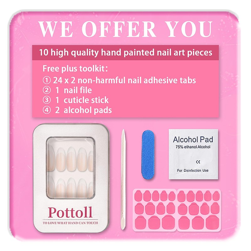 Pottoll Handmade Press on Nails French Tip White, 10PCS Reusable