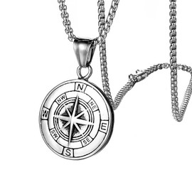 Aroncent Compass Necklace for Men: Stainless Steel Back can be Engraved Compass Pendants chain Silver Jewelry Gifts for Men and Women