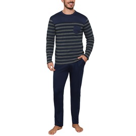 Irdcomps Men's Pyjamas Long Cotton Winter Two-Piece Sleepwear Men's Set Long Sleeve Striped, A-navy blue, XL