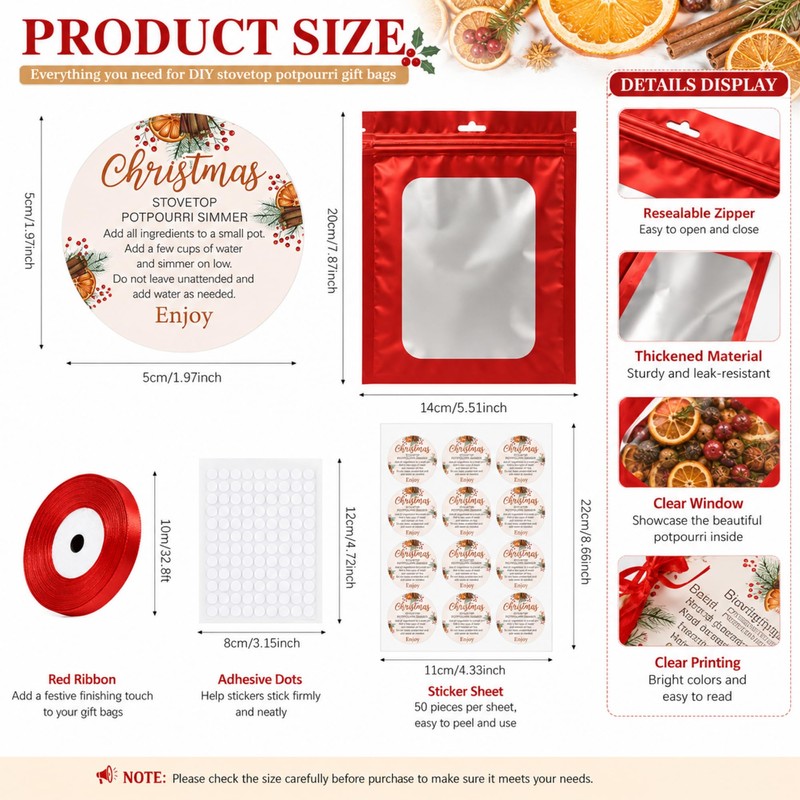 102 Pcs Christmas Stovetop Potpourri Bags Kit, 50 Set Crafts,