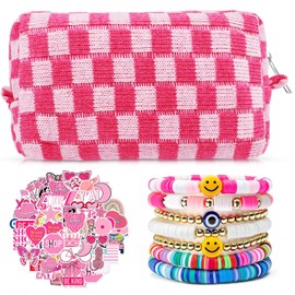 58 Pcs Checkered Makeup Bag Set Preppy Aesthetic Cosmetic Bag Travel Makeup Pouch Toiletry Bag 7 Pcs Heishi Surfer Bracelets with 50 Pcs Pink Preppy Stickers for Women Girls Teens Gift (Pink)