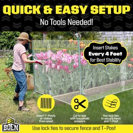 BOEN Garden Fence Temporary Barrier Outdoor Fence for Dog, Rabbit or Deer, Garden Netting Plastic Mesh Plant Protection (40" x 25', White)
