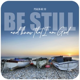 Christian Coasters, Pack of 6 cork coasters, Be Still (Boats), with Bible verse Psalm 46:10. Beautiful Christian gifts for women or men, by Just Cards Direct