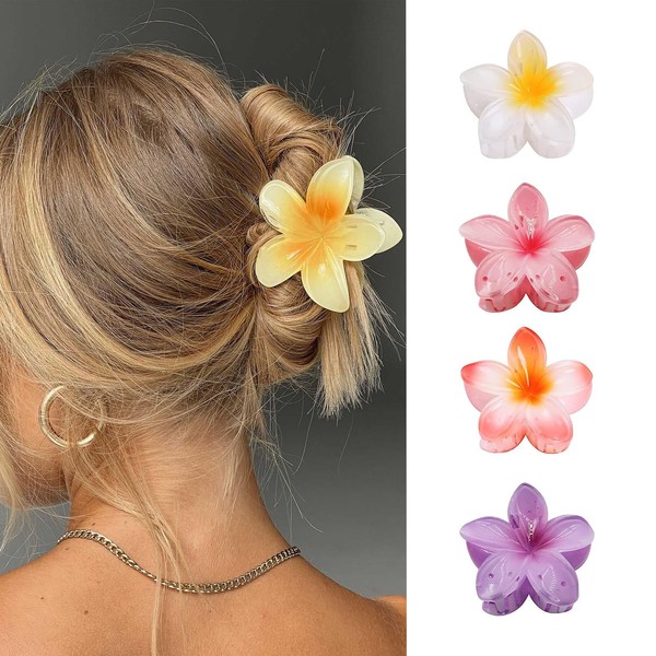 IOSPKKIO® 4 Pieces Flower Hair Claws Clips Strong Hold Large Claw Clips for Thick Hair Non-Slip Hair Claws for Women Hawaiian Flower Claw Clips 4 Colors