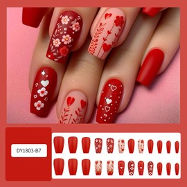 TBRZTR Valentine's Red Heart Press on Nails Medium Ballet Shaped Flower False Nails Full Cover Glossy Artificial Nails Red Valentine's Nails Holiday Stick on Nails Glue on Nails for Women 24Pcs