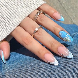 LPOODDNU 3D Shell Press on Nails Medium Almond Fake Nails with Dew Flower Designs Summer Acrylic False Nails Blue White French Tip Glue on Nails Cute Stick on Nails for Women Manicure 24Pcs