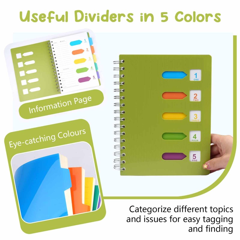 Tikplus A5 Notebook with Dividers, Notebook with Tabs, Spiral Notepad